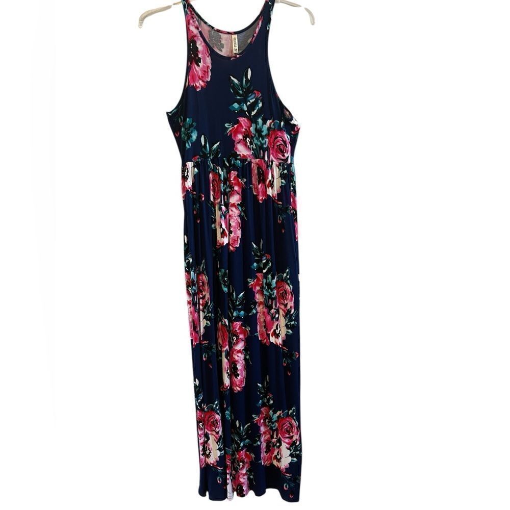 NWT Navy Blue Floral Racerback Empire Waist Maxi Dress M